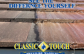 Roof cleaning transformation in Destin FL - Before and after professional pressure washing by Classic Touch showing black streaks and algae removal