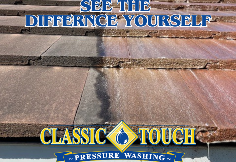 Roof cleaning transformation in Destin FL - Before and after professional pressure washing by Classic Touch showing black streaks and algae removal